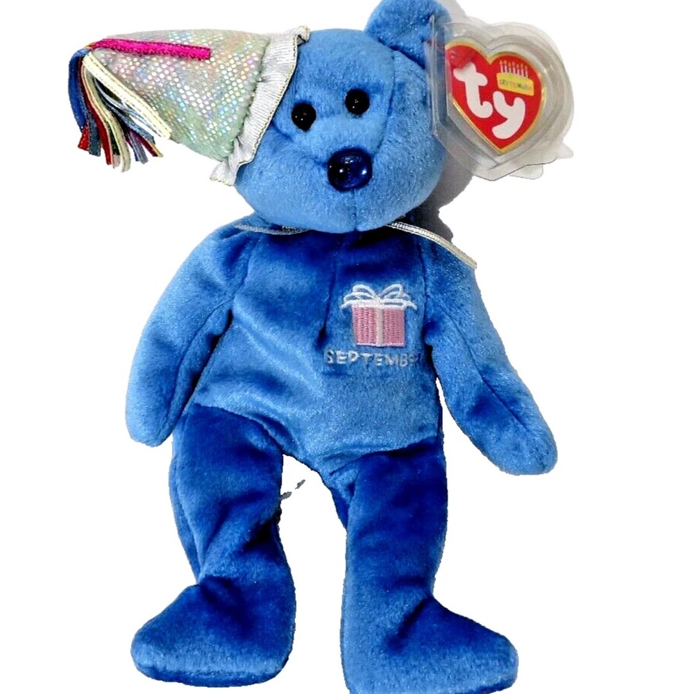 2002 TY Beanie Baby September the Teddy Birthday Bear w hat 9.5 inches Tag Error